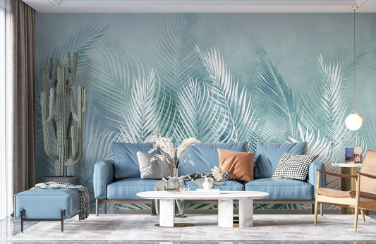 Wallpaper mural with feathers and leaves in turquoise for the living room's decor.