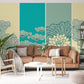 Paint and Wallpaper Mural in a Turquoise Lotus Pattern for the Living Room Decor