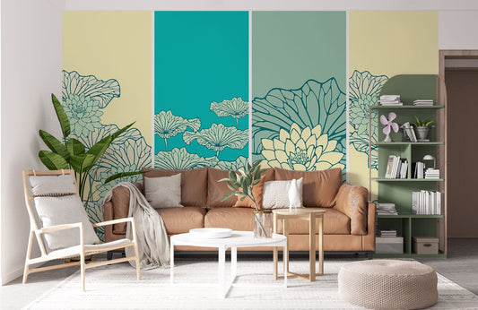 Paint and Wallpaper Mural in a Turquoise Lotus Pattern for the Living Room Decor