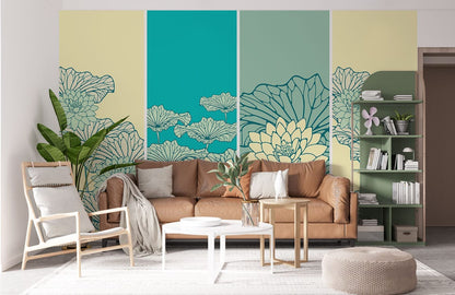 Paint and Wallpaper Mural in a Turquoise Lotus Pattern for the Living Room Decor