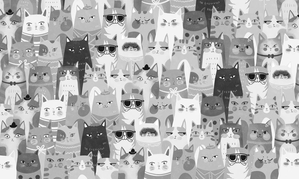 Wall mural wallpaper with animated cats, in black and white, with no colour added