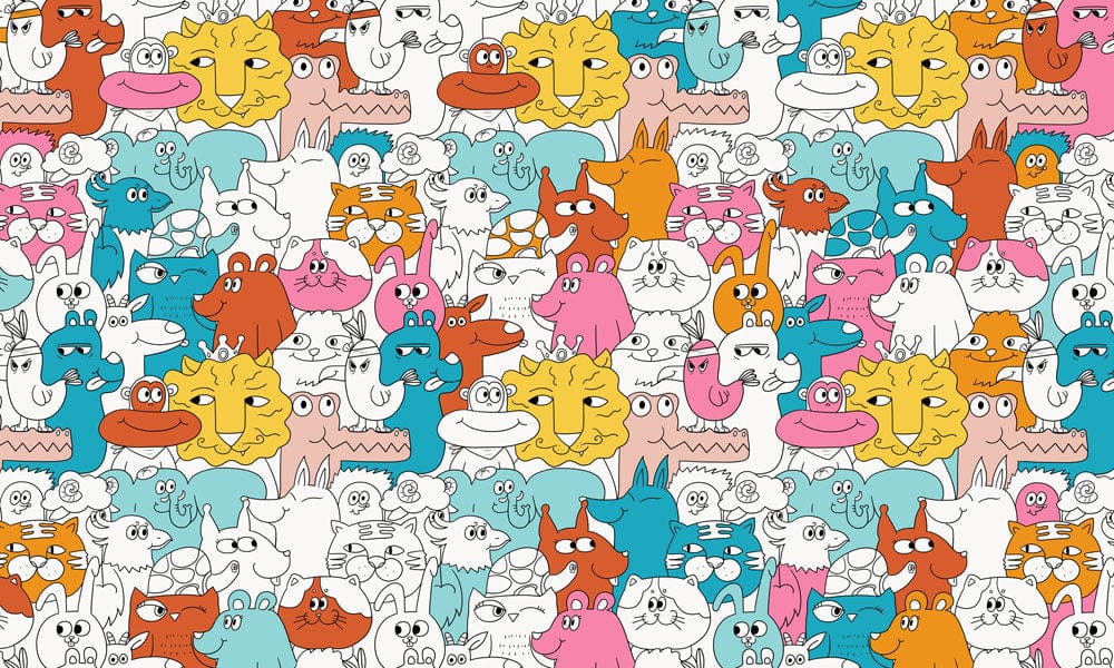 Wallpaper mural for interior design with oddly coloured and otherwise unique animals