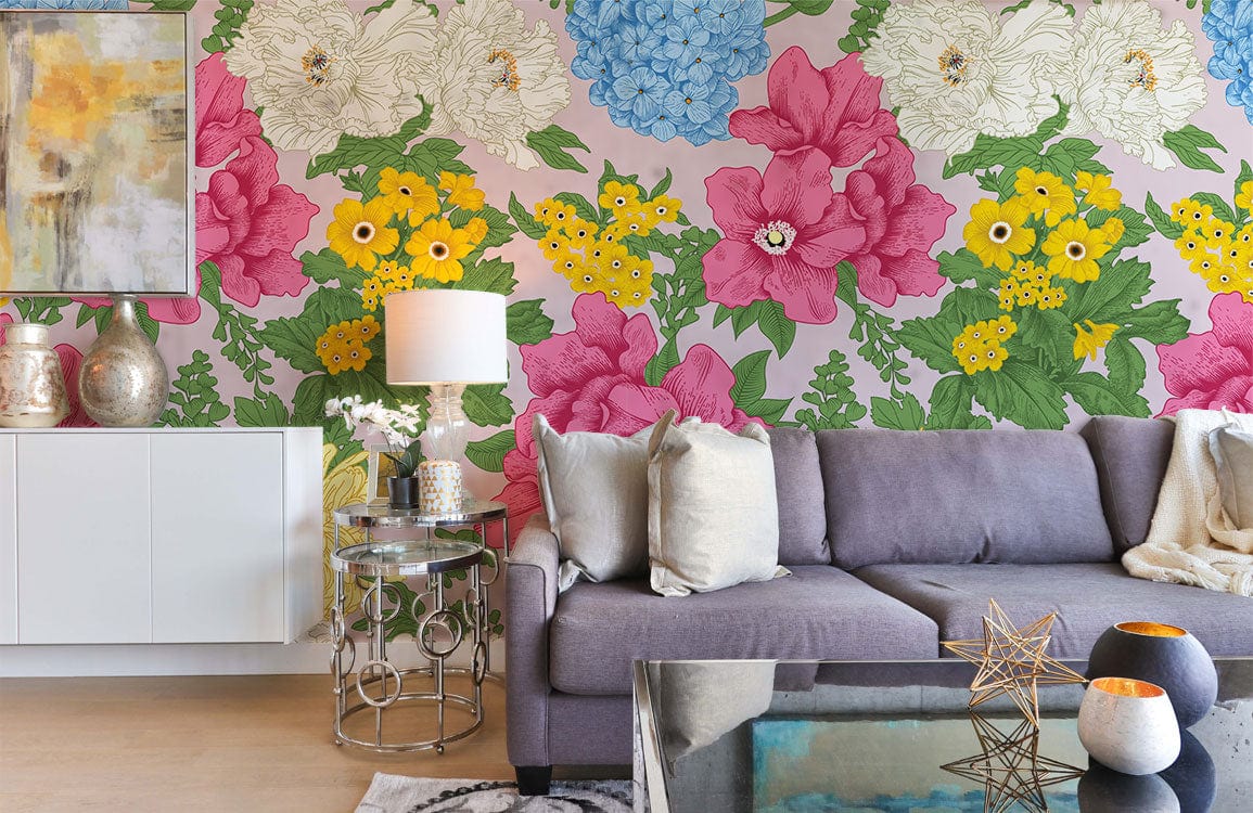 Wallpaper Mural for Bedroom Decoration Featuring a Rainbow of Colorful Flowers