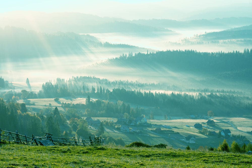 Beautiful wallpaper mural of a mountain scene for interior design and decorating