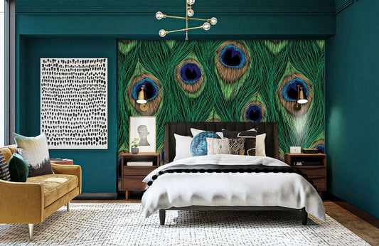 Wallpaper mural featuring a colourful peacock feather design, perfect for use as bedroom decor