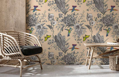 Wallpaper mural for interior design including vintage birds and bouquets.