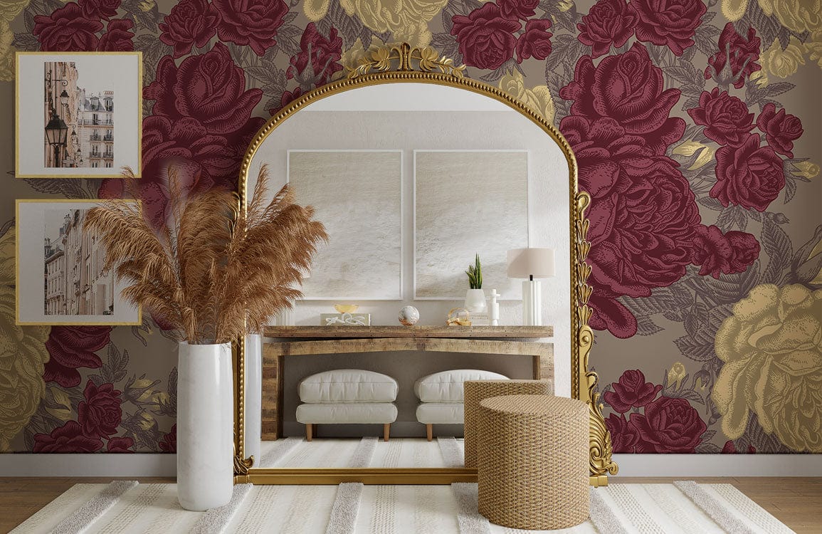 Vintage wallpaper mural with large peonies, perfect for decorating a room.
