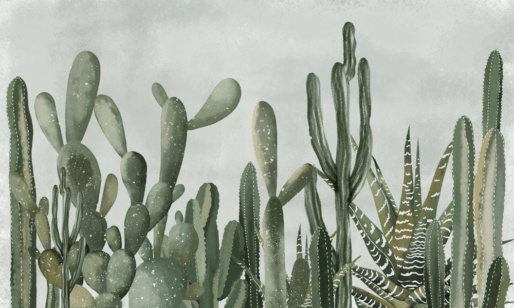 Watercolor wallpaper mural with cacti, ideal for use in the interior design of homes.