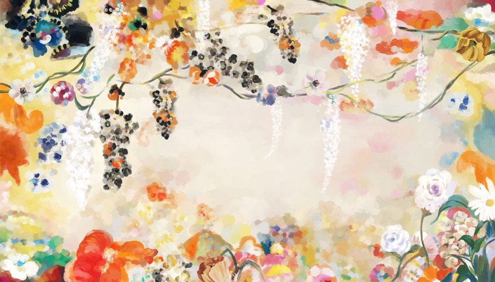 Watercolor Flower World is depicted on a mural wallpaper that may be installed in rooms.