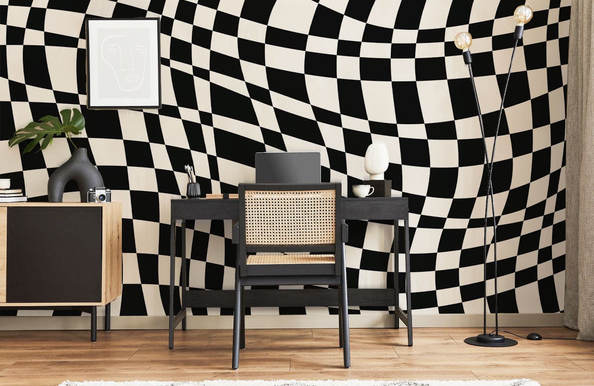 Wallcovering Mural with a Wavy Checkerboard Grid Design for the Office��Decor