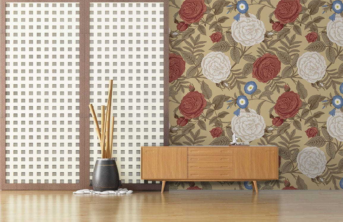 Blossoms in White and Red on a Wallpaper Mural for Home Decoration
