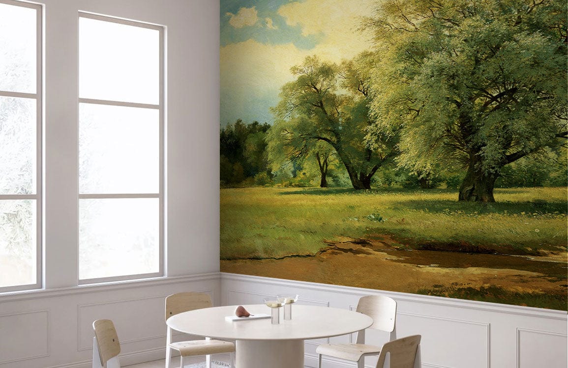 Wallpaper mural featuring willows lit up by the sun for use in decorating the dining room.