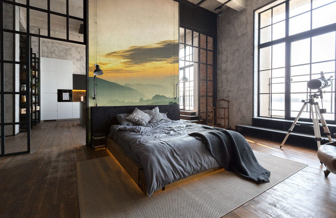 Wallpaper Mural for Bedroom Decoration Featuring a Yellow Sky with Mountains and Landscapes