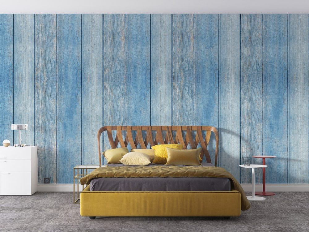 blue vertical wood effect wall murals for a bedroom with fading color