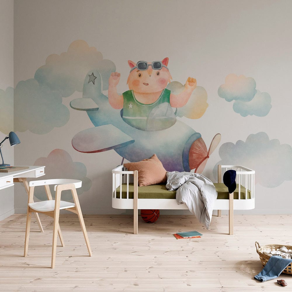 handmade cartoon animal wall painting for a baby's bedroom, a fox pilot design