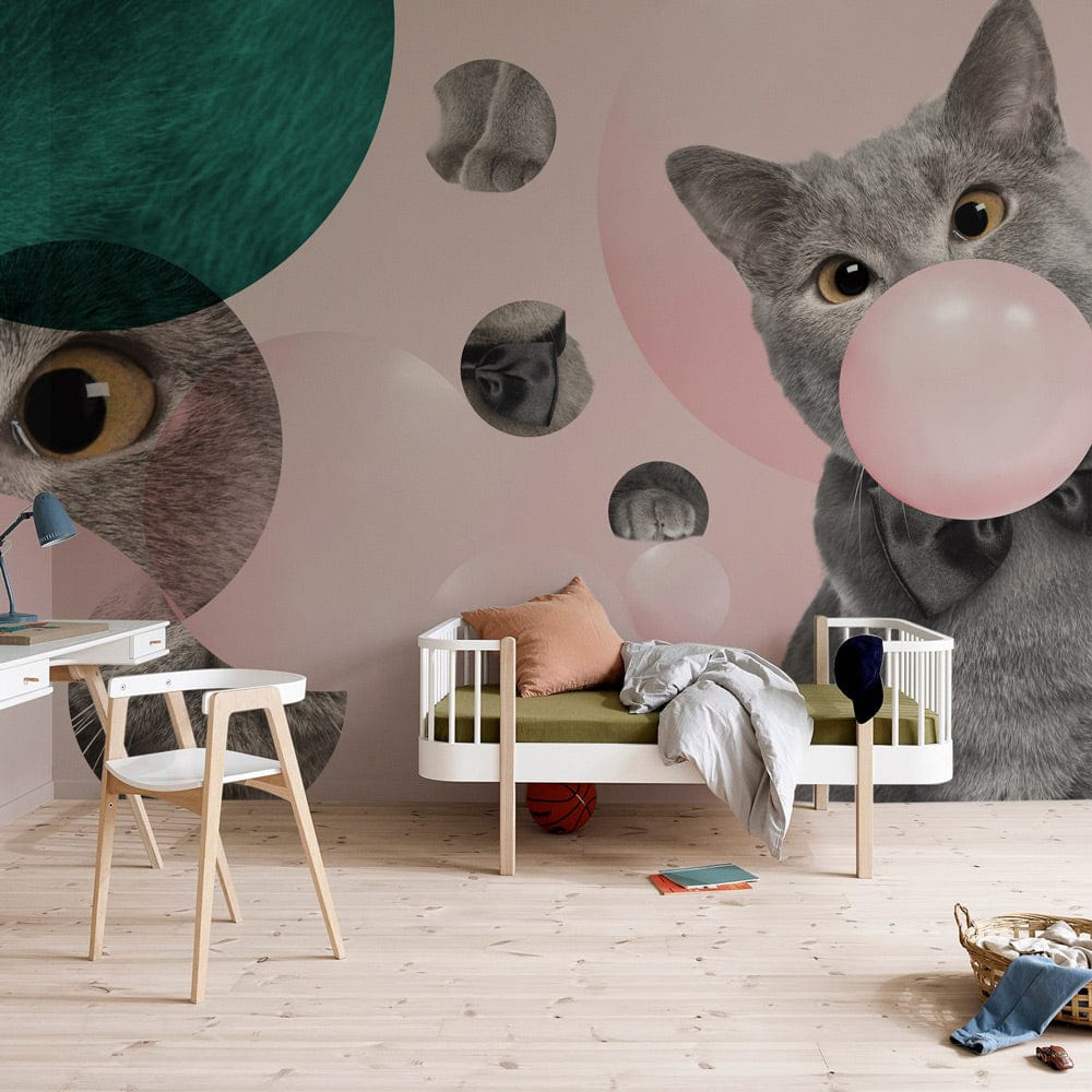 Nursery wall paintings with a lovely kitten, vibrant bubbles, and a cat's part