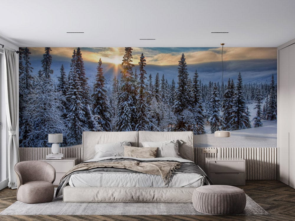 snow scenery of pine trees on mountains custom wallpaper