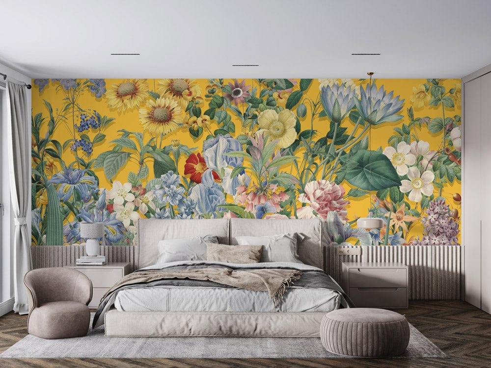 wall murals in brilliant yellow with a variety of blooms for the bedroom