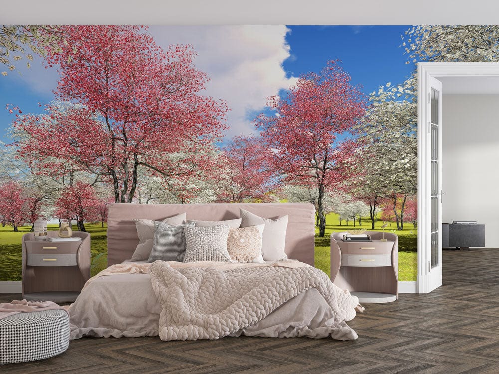 fresh spring garden with bloomy trees wall murals for girls' bedroom