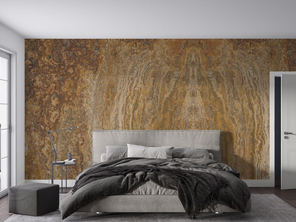 Bedroom wall murals with a deteriorated stone look in yellow