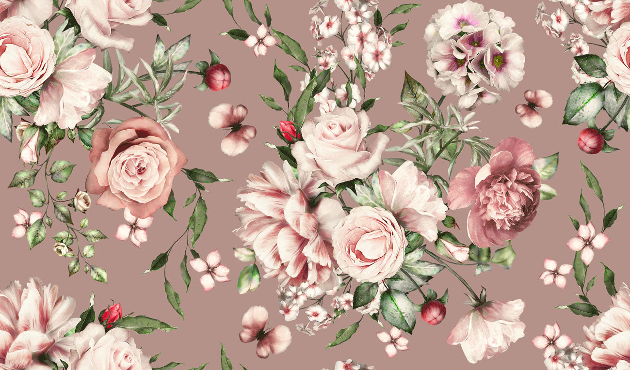 Wallpaper mural with a pink flower bush for use as a room decoration