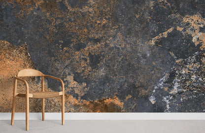 Wallpaper mural room with a cosmic industrial theme.