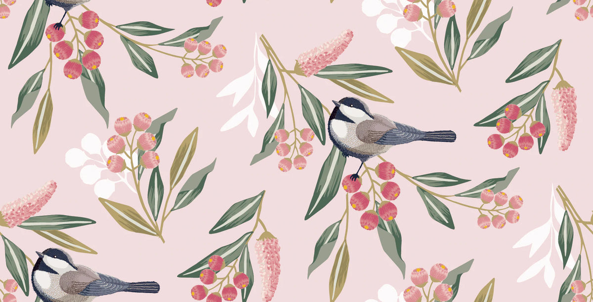 Chic Pink Bird Floral Mural Wallpaper