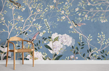 Elegant Blue Botanical Birds Mural Wallpaper