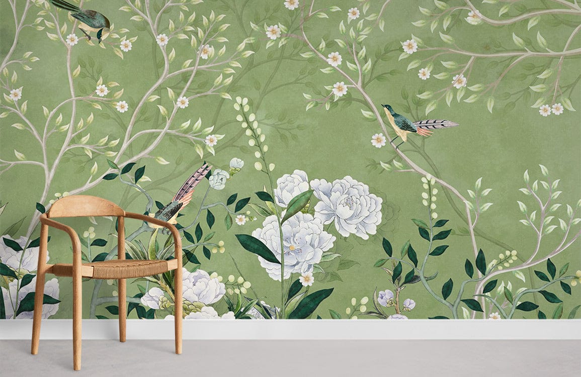 wall paintings with birds and flowers adorning the branches of a tree