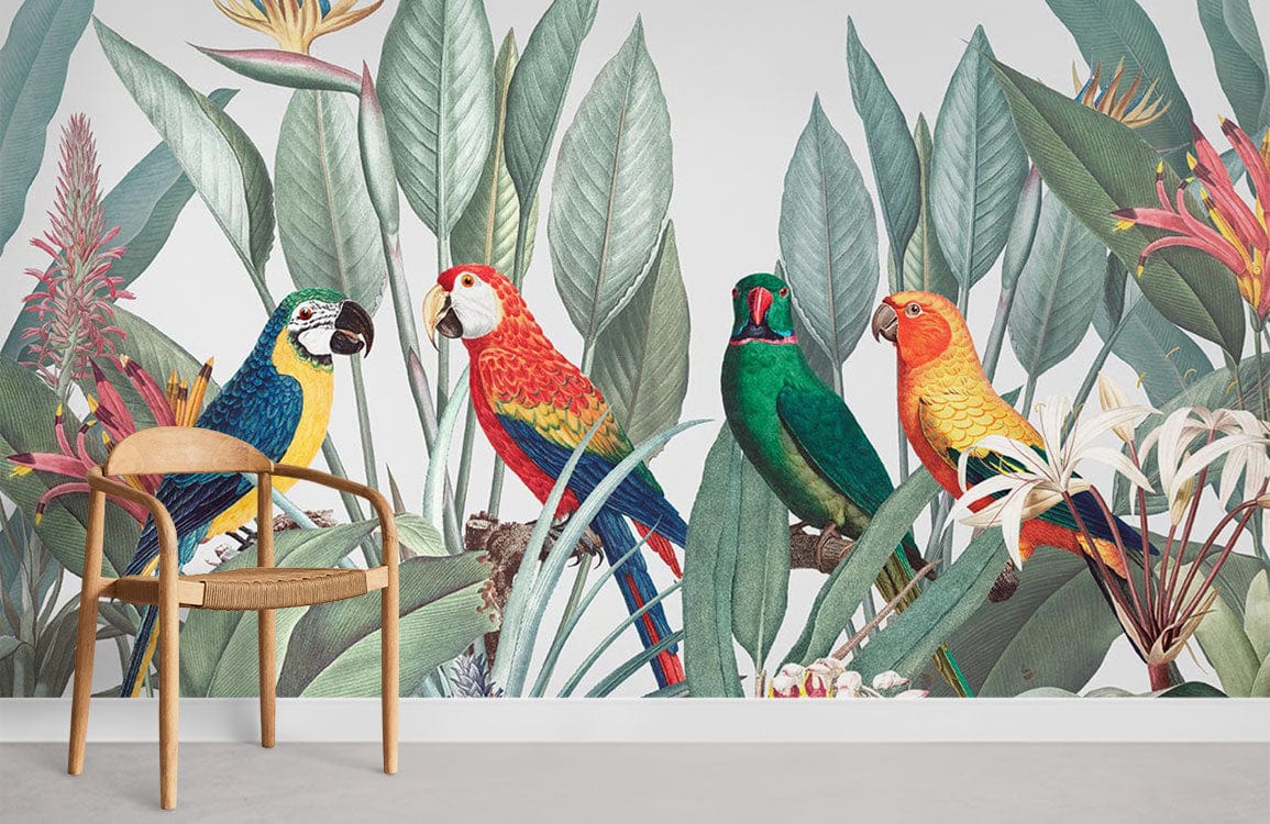 Macaws in Colorful Wallpaper Mural Decorating the Room