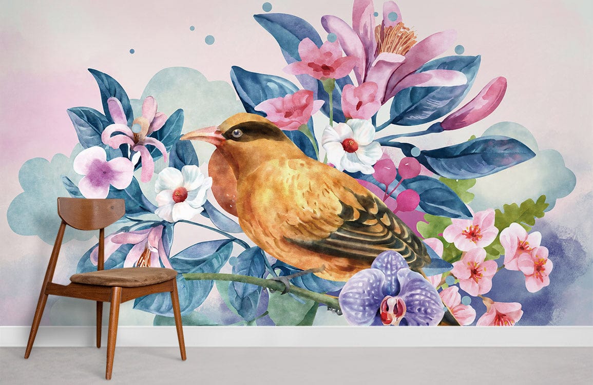 wall murals of a lovely bird perched on a branch of flowers