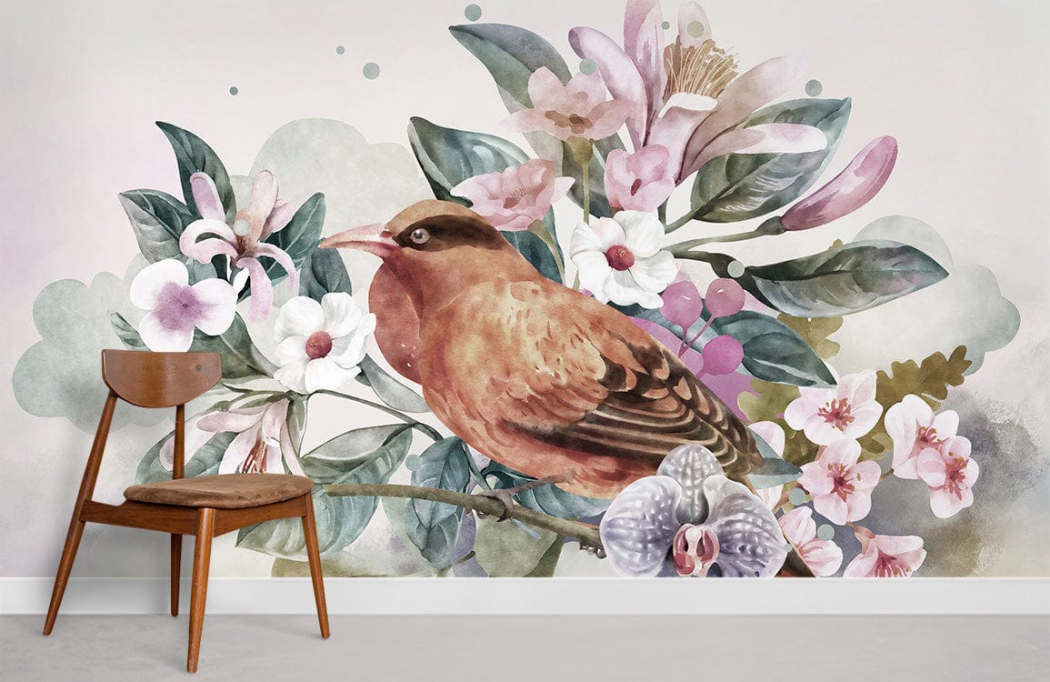 wall murals of a lovely bird perched on a branch of flowers