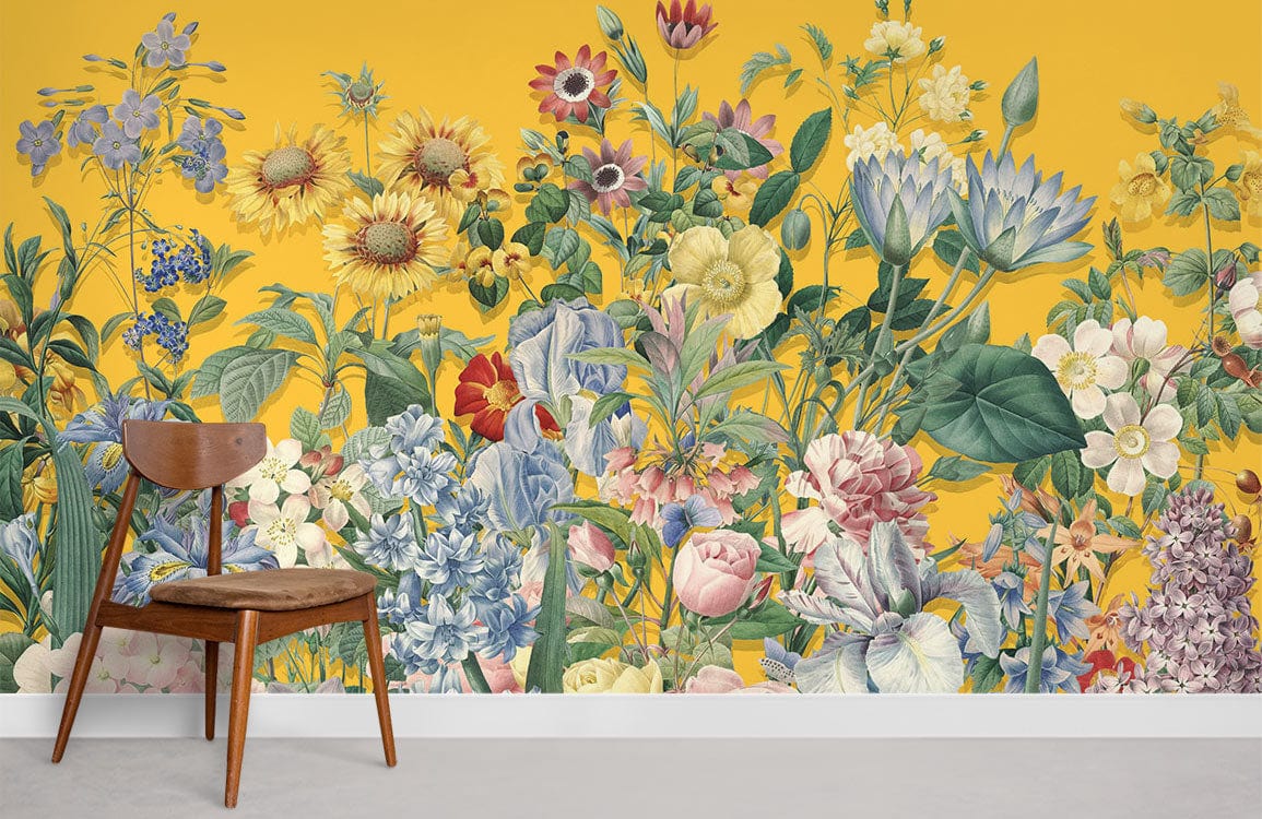 Flower bouquet wallpaper mural with a yellow backdrop for the house