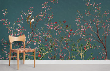 Emerald Green Floral Bird Mural Wallpaper