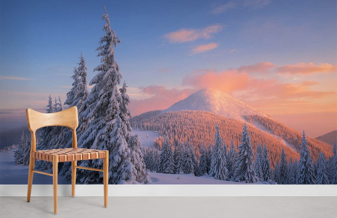 mountain top covered with snow under dreamy sky wall murals for home