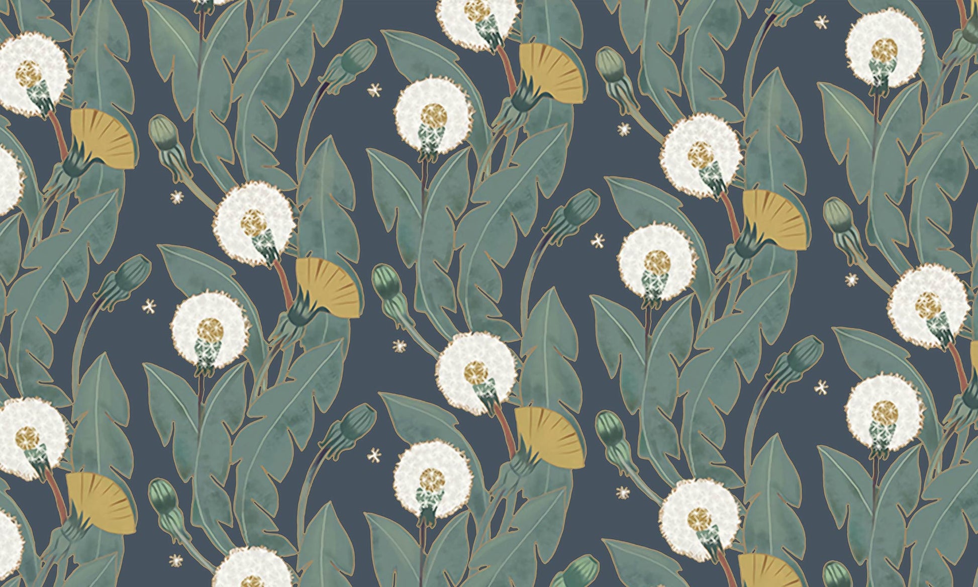 Wallpaper mural with dandelions and leaves, suitable for use in home decor