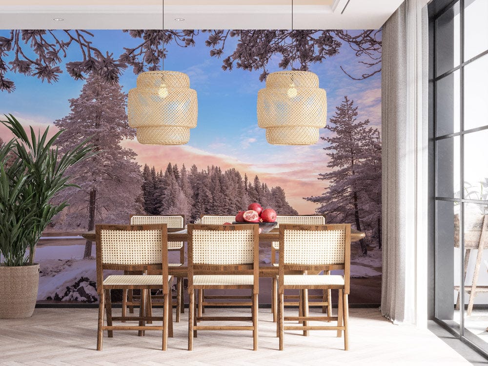 snowy landscape in forest with stream dining room wall murals