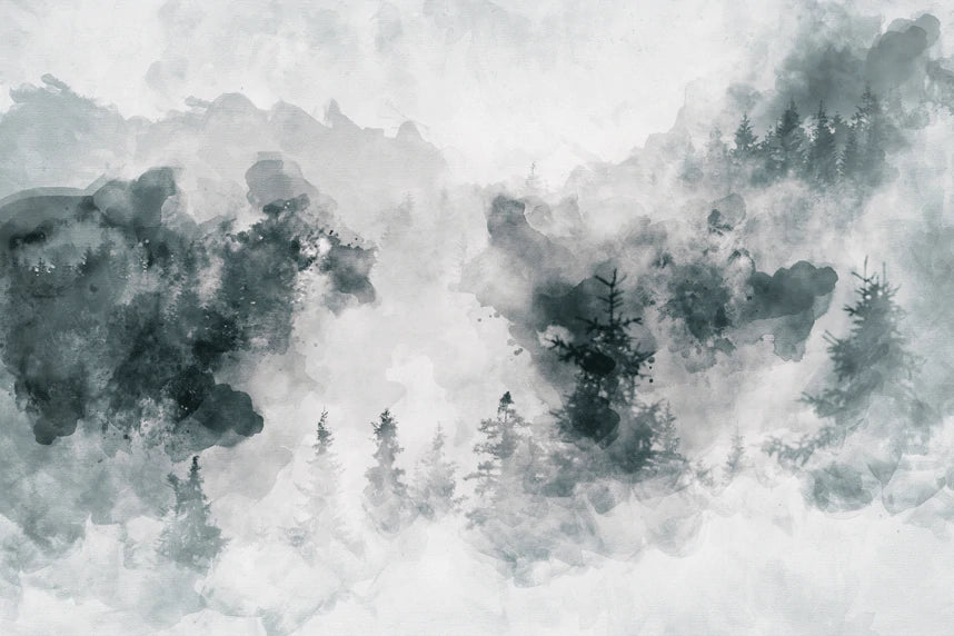living room wallpaper mural with a thick layer of woodland fog