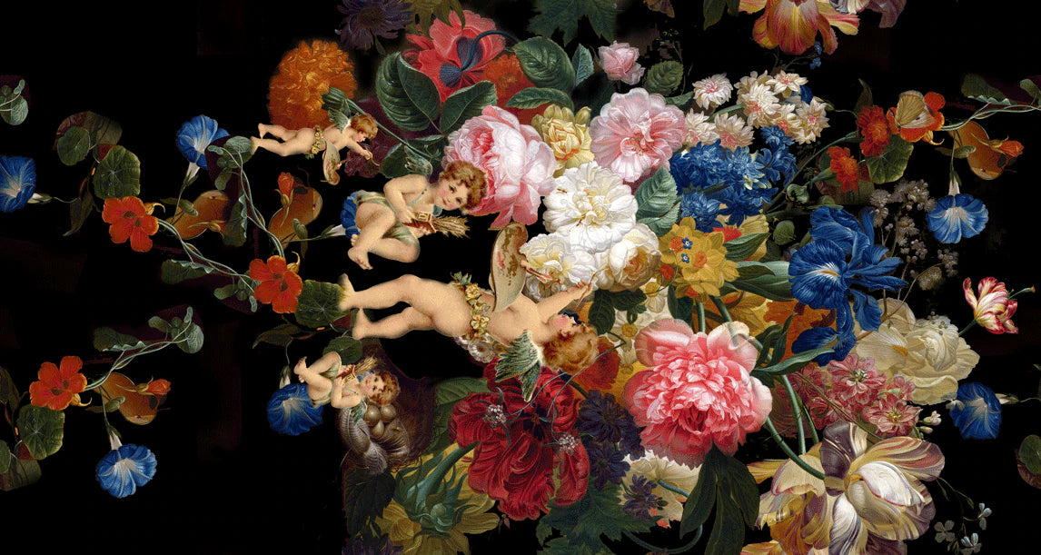 Luxurious Cherubs Floral Art Mural Wallpaper