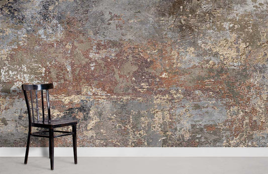 Wallpaper in the style of an industrial plain with corrosion and a mural