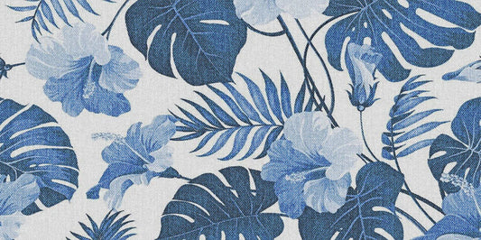 Mural wallpaper in blue with floral and leaf motifs