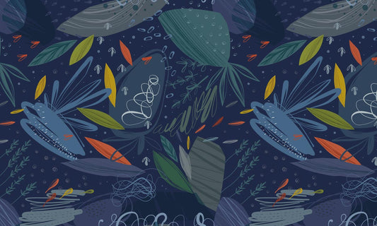Wallpaper mural with dark blue leaves for use as home decor