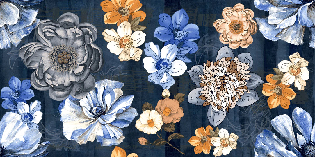Navy Blue Floral Botanical Mural Wallpaper