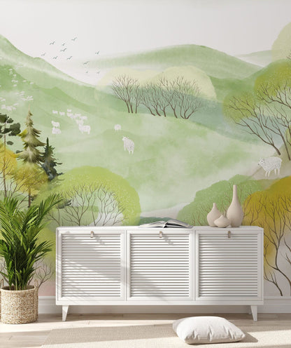 Pastoral Landscape Watercolor Mural Wallpaper in living room