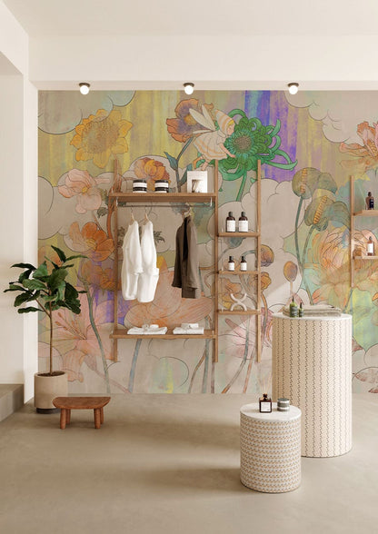 Elegant Watercolor Floral Bloom Mural Wallpaper in retail or boutique space