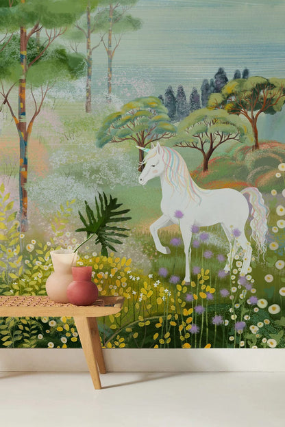 Enchanted Forest Unicorn Wall Mural in playroom