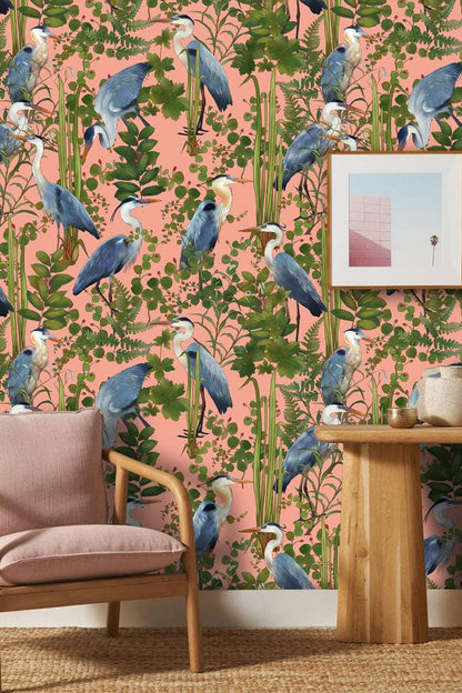 Tropical Heron Pink Botanical Mural Wallpaper in living room