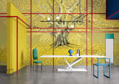 Golden Autumn Tree Landscape Mural Wallpaper in dining room