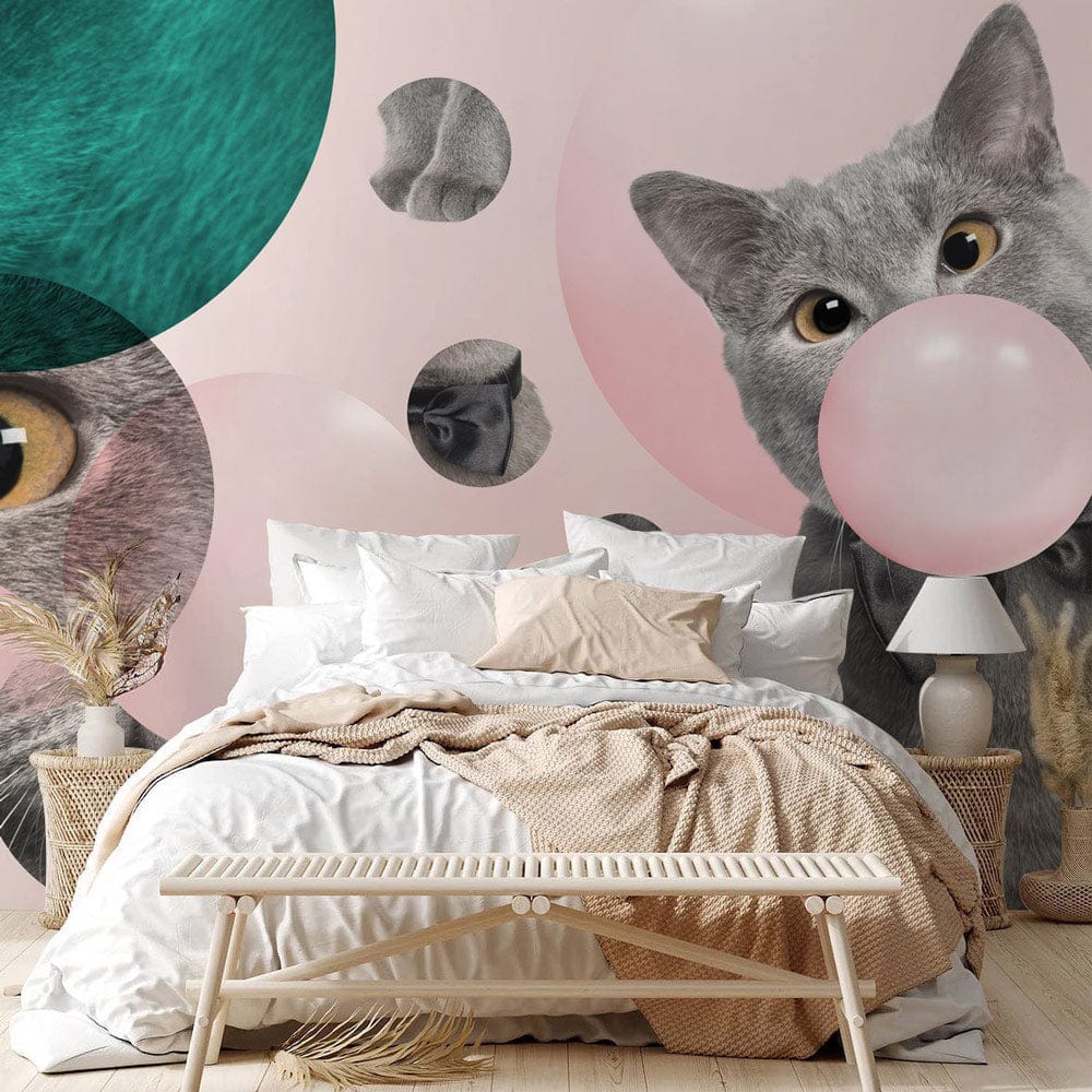 Russian blue cats blowing bubbles on bespoke cat wall murals for the bedroom