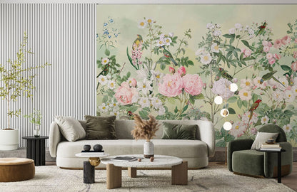 Vintage Botanical Garden Bird Wallpaper Mural in living room